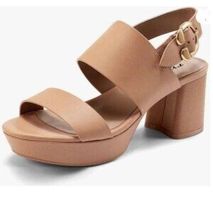 FYS Tan Open Toe Block Heels Ankle Strap Chunky Platform Sandals Party Prom Shoe